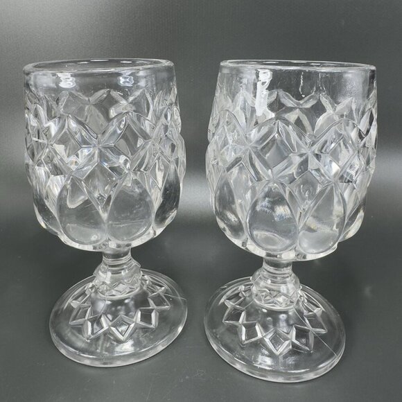 Antique Adams Glass Co Jacobs Tears Clear Goblets Cups Set 2 Manganese 365nm UV - Picture 2 of 15